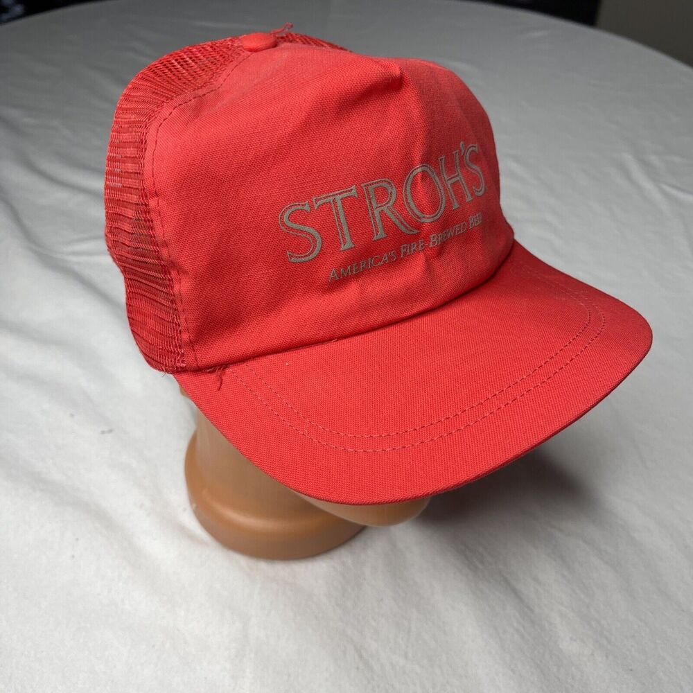 Vtg Stroh's Brewing Beer Red Adjustable Cap Trucker Spartan Specialties Hat ￼